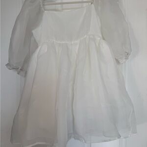 White Mini A-line Dress with Long Puff Sleeves and Square Neck